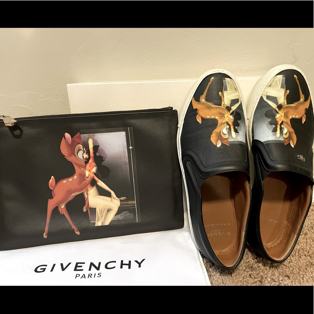 Givenchy black classic Disney Bambi Leather print skate slip and matching Clutch